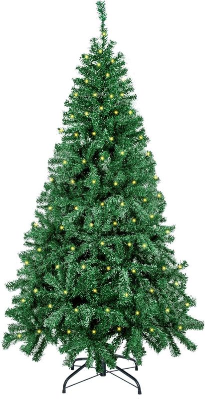 Photo 1 of Christmas Tree 6ft, Christmas Artificial Pine Tree with 600 Branches, 300 Light, Metal Stand, 6 Feet Tall Christmas Tree for Holiday Christmas Decoration