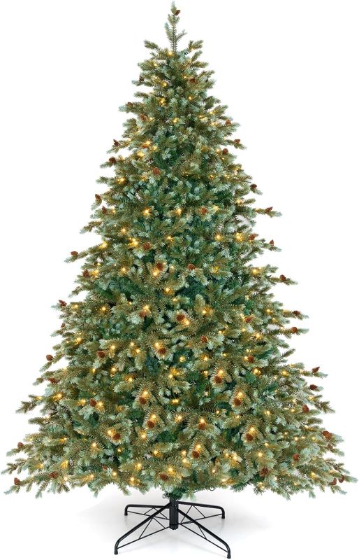 Photo 1 of 7ft Pre- Artificial Christmas Tree, Hinged Full Xmas Pine Tree with 340 Warm White LED Lights, 8 Modes, 846 PVC & PE Branch Tips, Pine Cones, Metal Stand, Seasonal Home Office Decoration