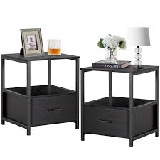 Photo 1 of 2 Pcs Modern Wooden Nightstand with Drawer Square End Bedside Tables with Open Shelf, Stable Metal Frame Small Side Tables, Black