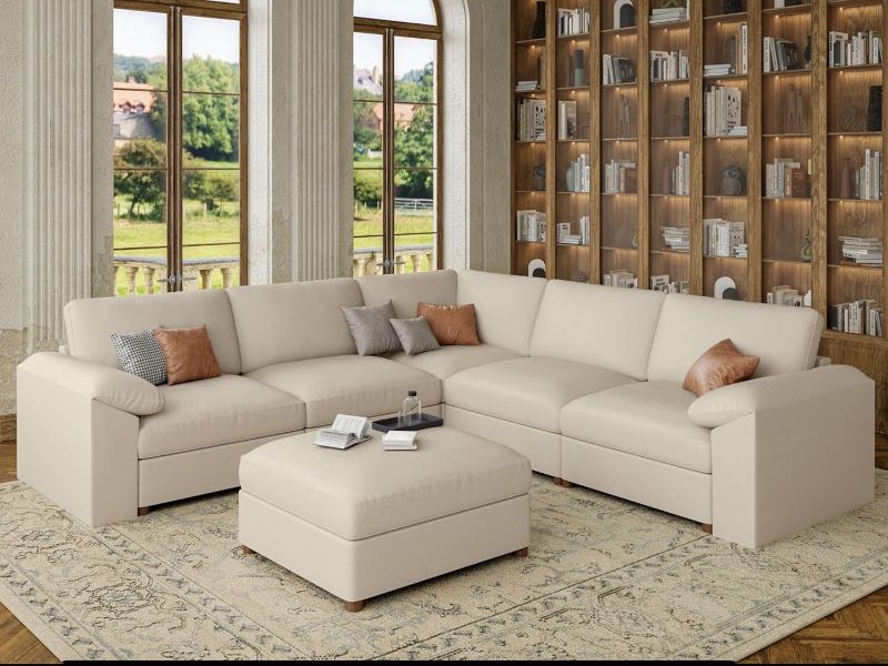 Photo 1 of Oversized Modular Sectional Couch with Ottoman, Faux Leather Sectional Sofa with Deep Seat, Scratch Resistant Faux Leather Material, Extra Large L Shaped Couch, Beige | Only includes d1 Corner , Missing seven boxes