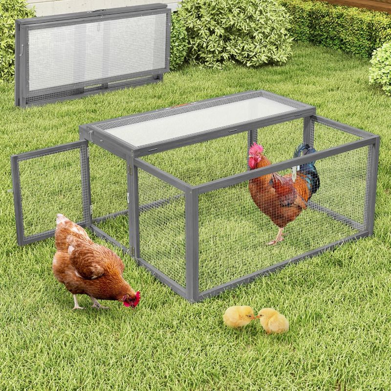 Photo 1 of Portable Chicken Coop with UV-Proof Panel, 4X Garden Stakes, Wooden Rabbit Hutch, Chicken Brooder Box Indoor, Outdoor Folding Chicken Cage, Top & Side Openable Doors, 43.3Inch (Gray)