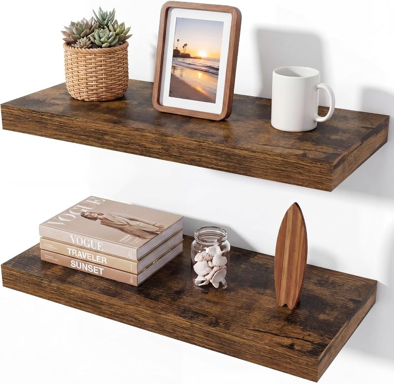 Photo 1 of 24 Inch Floating Shelves for Wall Set of 2,10.3" Deep Wall Mounted Shelves with Invisible Brackets,Farmhouse Hanging Shelf for Bathroom,Bedroom,Living Room,Kitchen-Rustic Brown