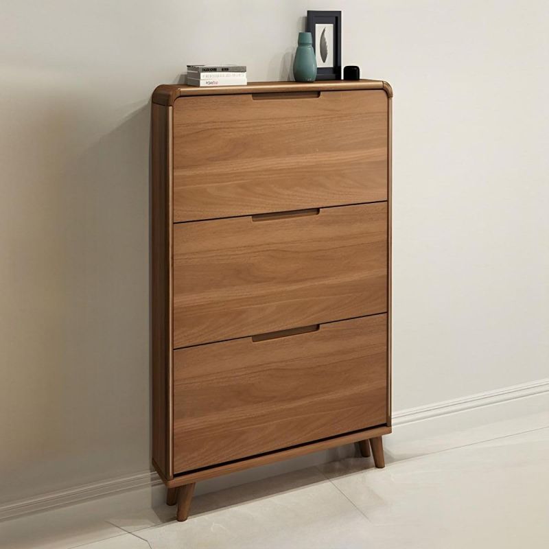 Photo 1 of Walnut Narrow Shoe Storage Cabinet, Wood Shoe Cabinet with 3 Flip Drawers, Shoe Organizer Cabinet, Modern Shoe Rack Cabinet for Entryway, Hallway, Bedroom, Walnut 27.5" L x 7" W x 47" H