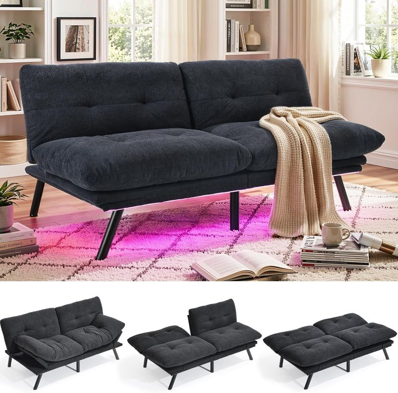 Photo 1 of 60" Convertible Futon Sofa Bed with Adjustable 3 Color Light Strip, Folding Futon Set for Living Room Home Office Aprtment, Modern Futon Couch with Adjustable Backrest & Armrests, Black | Missing legs + Hardware