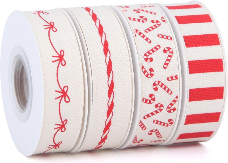 Photo 1 of 4 Rolls 20 Yards 5/8 Inch Christmas Candy Peppermint Ribbon Red and White Stripe Cotton Ribbons for Gift Wrapping, Wreath,Tree Decoration, Outdoor Deco (Red)