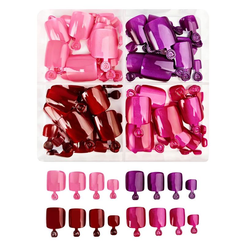 Photo 1 of 150 Pc Press on Toenails Short Square, 4 Colors CatEye Fake Toe Nails with Pink Purple Burgundy Magenta, Full Cover Reusable Toenails for Women for Pedicure 12 Sizes | Stock image different color than product