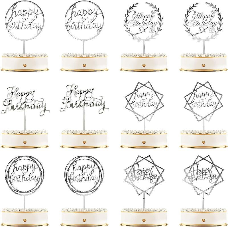 Photo 1 of 12 Pieces Acrylic Happy Birthday Cake Topper Glitter Birthday Cupcake Topper Pick Decorations for Birthday Party Cake Desserts Pastries, 6 Styles (Silver)
