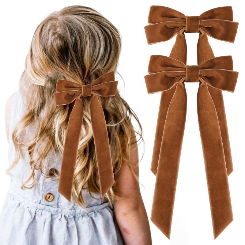 Photo 1 of 2PCS Velvet Hair Bows Brown Hair Ribbon Clips Big Fall Alligator Clips Hair Accessories for Women Girls Toddlers Kids Baby