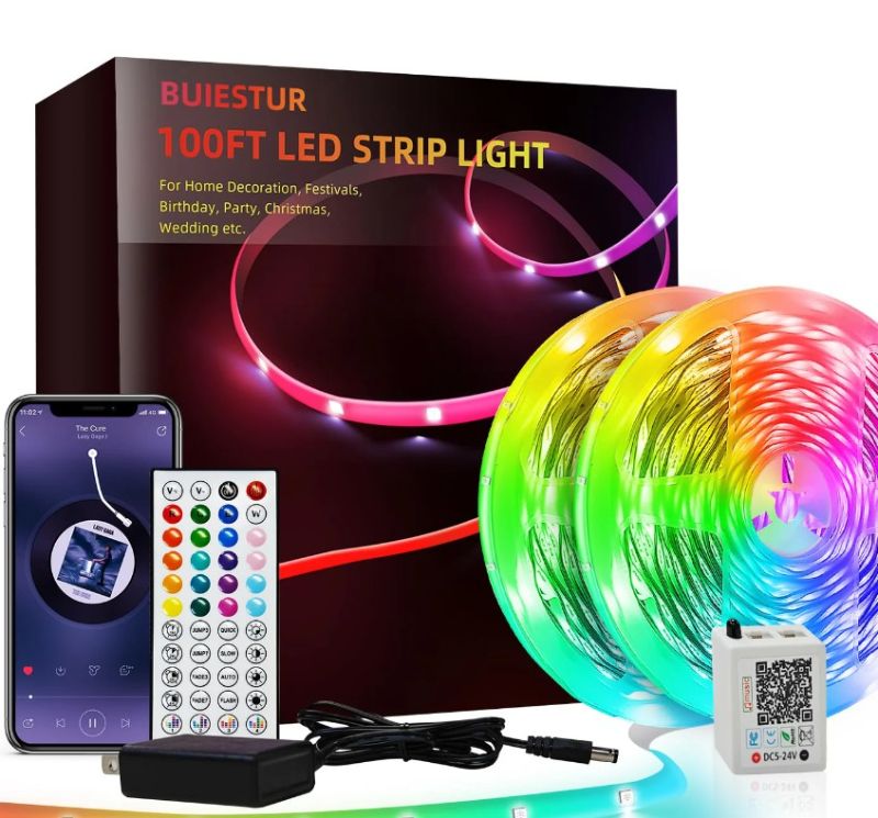Photo 1 of 200 Ft Bedroom Led Lights (2 Rolls 100 Ft), Music Synchronized Color Changing Rgb Led Strip Lights, Bluetooth Light With Remote | Clerk Opened Sealed Product