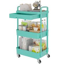 Photo 1 of 3-Tier Rolling Utility Cart with Drawer,Multifunctional Storage Organizer with Plastic Shelf & Metal Wheel,Storage Cart for Kitchen,Bathroom,Living Room,Office,Green