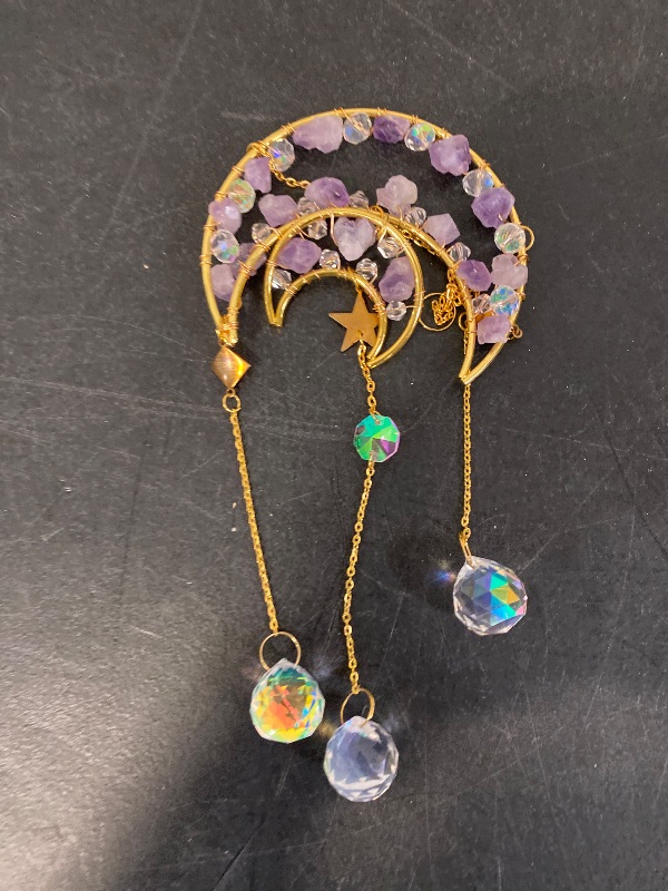 Photo 1 of Amethyst Crystal Suncatcher Hanging Ornament, Crescent Moon Sun Catcher with Natural Stone Chips and Prism Pendants, Celestial Wind Chime Decor for Window Home Gift