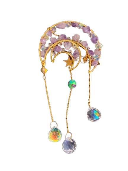 Photo 1 of Amethyst Crystal Suncatcher Hanging Ornament, Crescent Moon Sun Catcher with Natural Stone Chips and Prism Pendants, Celestial Wind Chime Decor for Window Home Gift