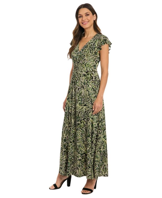 Photo 1 of 6P Printed Jersey Long Fit & Flare Dress - Green