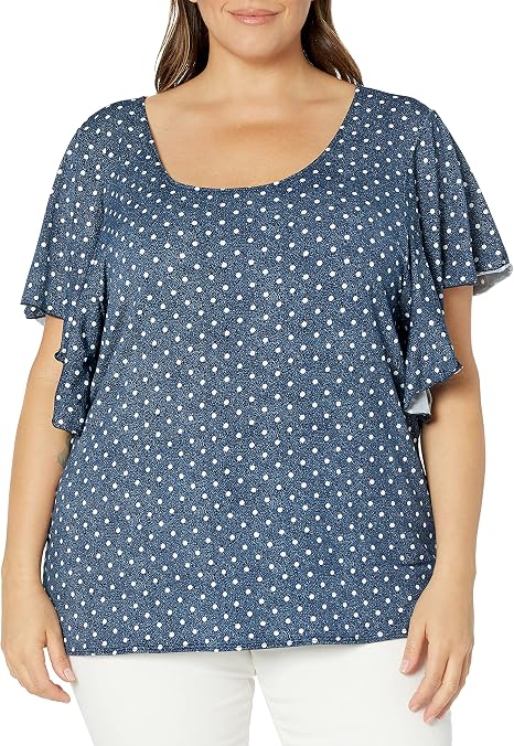 View 1 of 2X Women's Angel-Sleeve Top Denim Dot