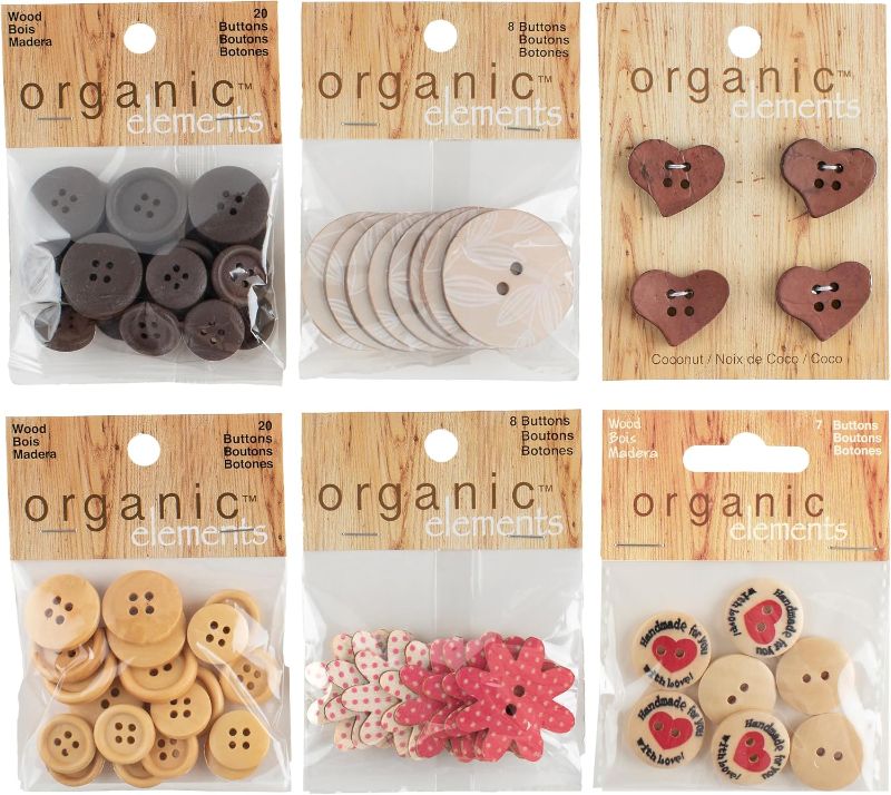 Photo 1 of 559023131 Organic Elements Assorted Round and Shaped Buttons for Crafts and Sewing, 1/2" to 1-3/8", Multicolor, 67 Pieces
