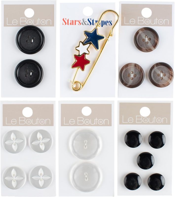 Photo 1 of 559023132 Le Bouton Kilt Pin and Assorted Round Buttons for Crafts and Sewing, 5/8" to 1-1/8", Multicolor, 13 Pieces