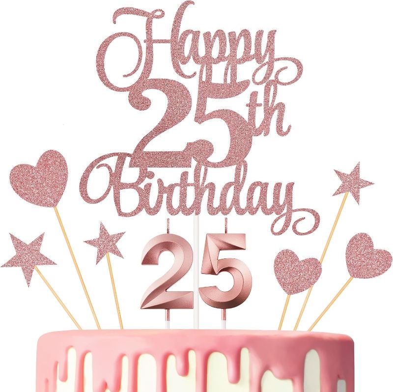 Photo 1 of 25th Birthday Cake Decorations, 25th Birthday Candles Cake Numeral Candles and Glitter Happy 25th Birthday Cake Toppers Set for Birthday Party Supplies (Rose Gold)