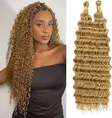 Photo 1 of Long Curly Braiding Hair 18 Inch 2 Packs Honey Blonde Ocean Wave Crochet Hair Deep Wave Braiding Hair for Boho Braids (18 inch, #27)