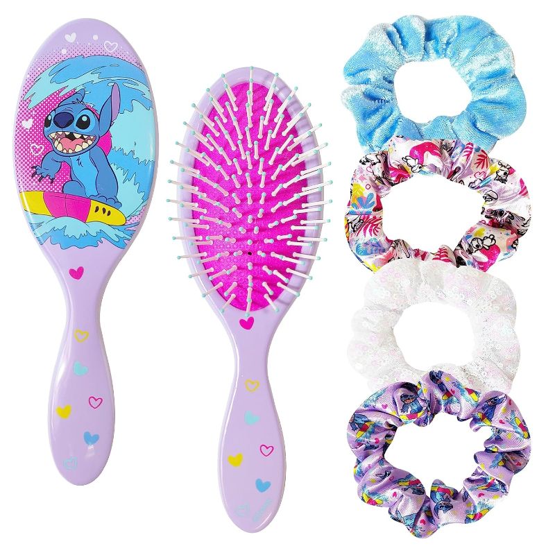 Photo 1 of Lilo & Stitch Hair Accessory 5 Pcs Set - 1 Regular 9 inch Stitch Hairbrush & 4 Scrunchies - Detangling Brush - Elastic Hair Ties Ropes for Girls, Ages 3+
