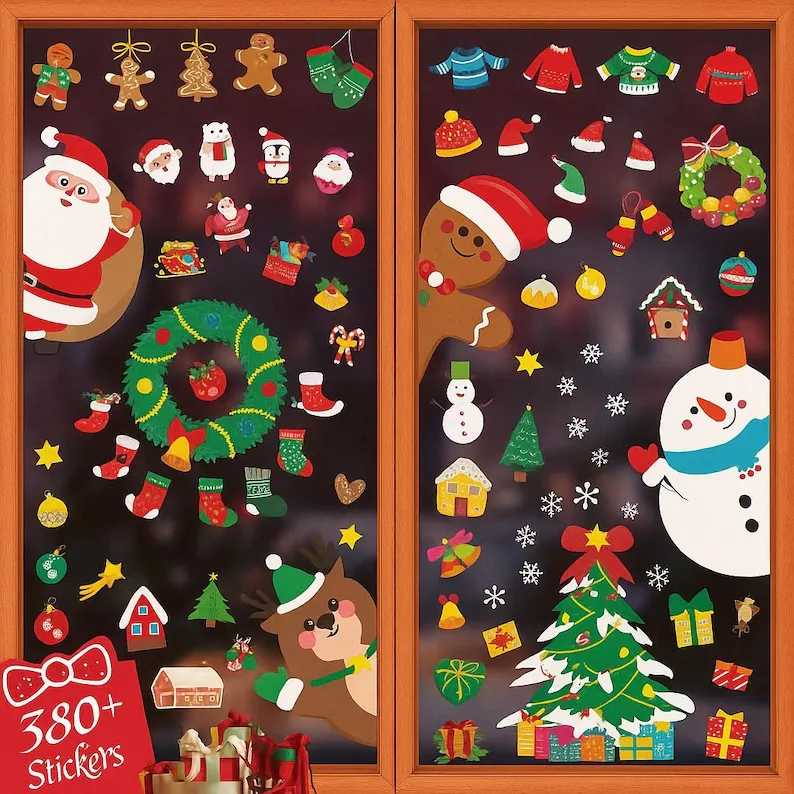 Photo 1 of 380PCS Christmas Window Clings – Static Stickers Set - Reindeer, Bells, Elf, Snowflake & Holiday Decor
