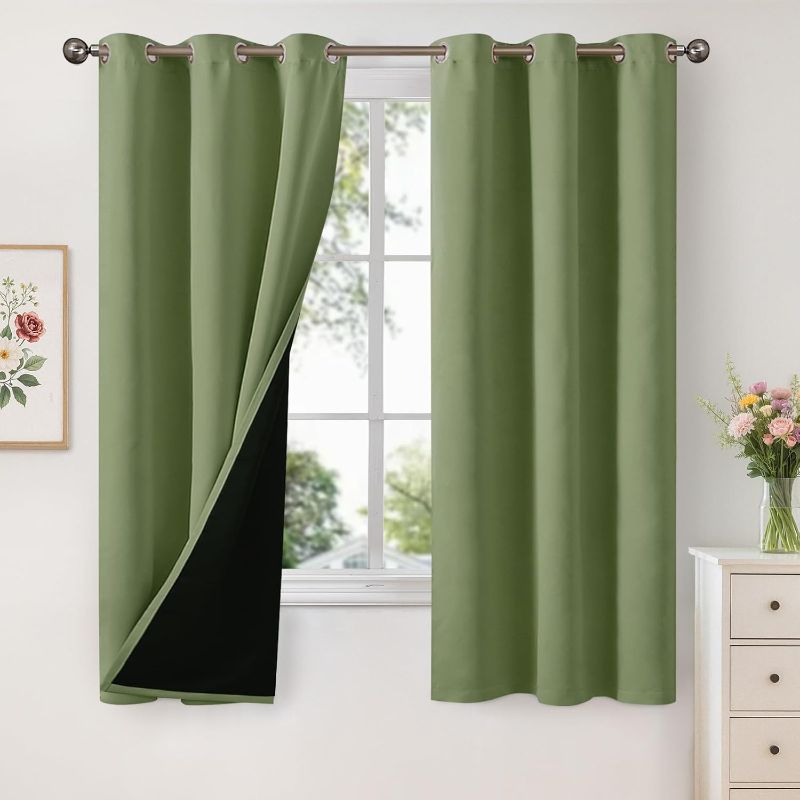 Photo 1 of 100% Blackout Curtains 63 Inch Length 2 Panels, Room Darkening Drapes with Liner Thermal Insulated for Bedroom Window, Green, 42 X 63 Inch