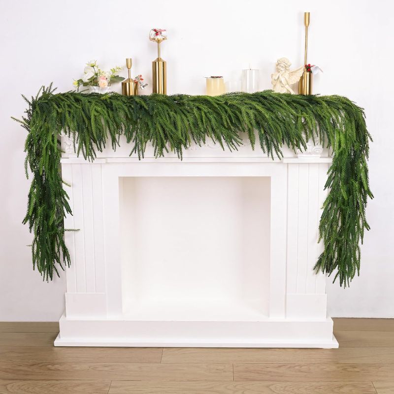 Photo 1 of Artificial Norfolk Pine Garlands Christmas, 9 FT Dense Real Touch Winter Pine Garland Ornament, Green Artificial Greenery Garland for Table, Mantle, Wall, Indoor, Outdoor Christmas Decorations