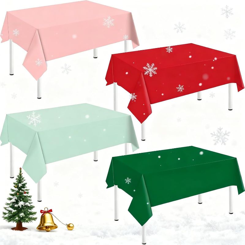 Photo 1 of 16 Pcs Christmas Plastic Tablecloth Rectangle Table Cover Pink Red Green Waterproof Table Cloth for Xmas Party Winter Holiday Decoration Supplies, 54 x 108 Inch