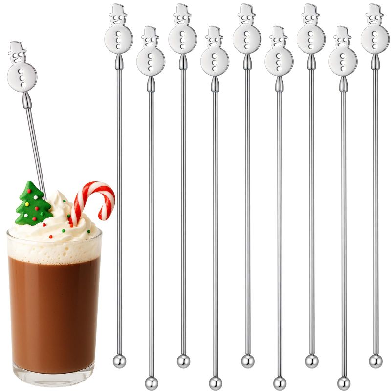 Photo 1 of 10 Pcs Winter Snowman Drink Stirrers Stainless Steel Christmas Coffee Stirrers Metal Reusable Swizzle Sticks Snowman Cocktail Stir Stick Chocolate Hot Cocoa Supplies for Winter Party Decor