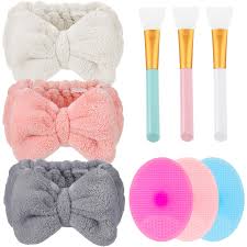 Photo 1 of Patelai 3 Pcs Microfiber Spa Headbands With Bowtie Design, 3 Pcs Silicone Facial Cleaning Brush Set, And 3 Pcs Silicone Face Mask Applicator For Mud Clay(White, Pink, Dark Gray)