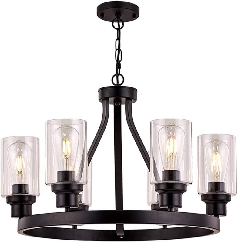 Photo 1 of Wagon Wheel Chandelier Black Chandelier Lighting Round 6 Lights with Glass Shade Ceiling Hanging Vintage Rustic Light Fixture for Dining Room Living Room Foyer Porch Kitchen Island