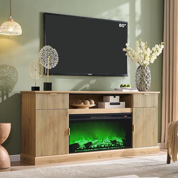 View 1 of Box 2/2 Only | Modern Fluted Fireplace TV Stand with 36" Electric Fireplace for 80 Inch TV, 31" Tall Entertainment Center with 2 Drawers and Adjustable Shelves, Wood Media Console for Living Room, Natural | MISSING BOX 1
