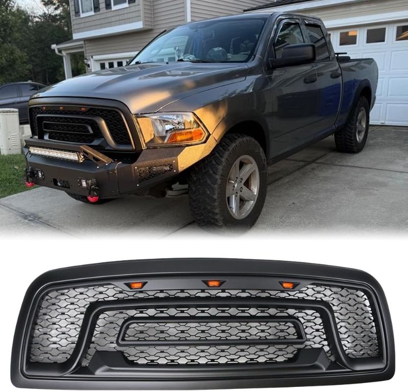 Photo 1 of Grille, Compatible with 2009-2012 Dodge Ram 1500, Plastic Front Bumper Upper Grill Grid Replacement Guard with Signal Lights, Matte Black