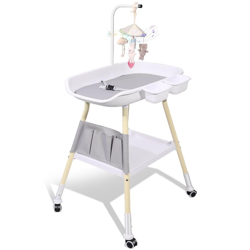 Photo 1 of Baby Changing Table, Adjustable Height Diaper Changing Station with Baby Crib Mobile, Changing Pad, Nursery Organizer and Large Storage Rack for Infant and Newborn