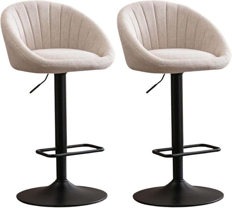 Photo 1 of Set of 2 Bar Stools Kitchen High Bar Chairs Set of 2 Linen Fabric Adjustable Swivel Kitchen Kitchen Peninsula Beige