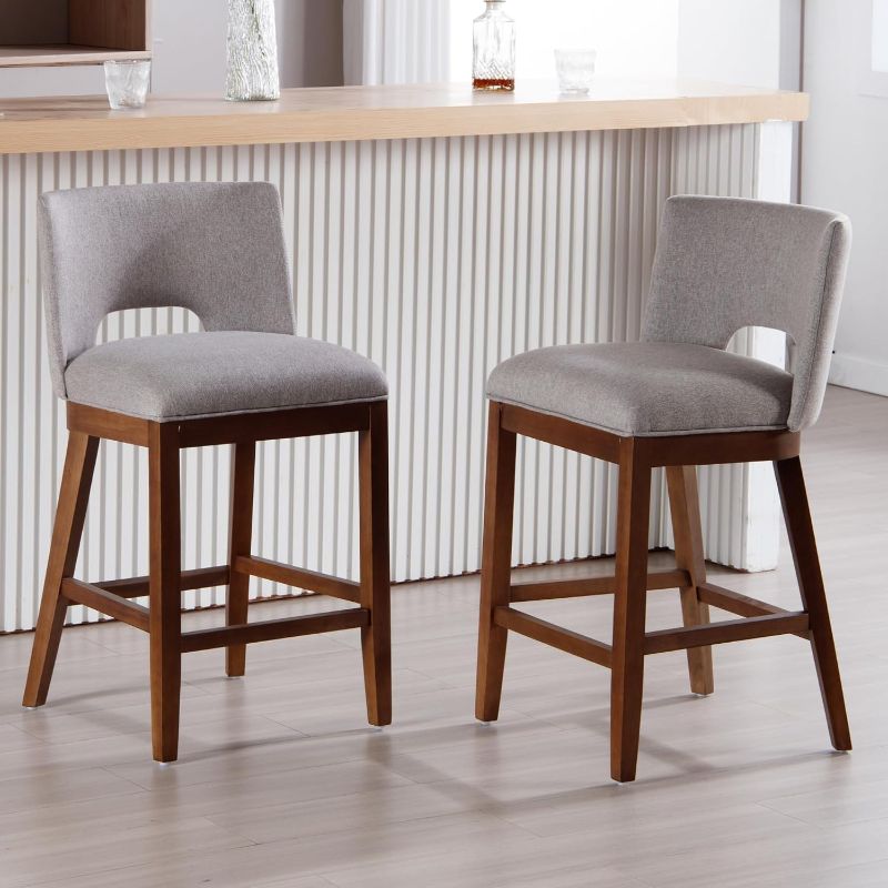 Photo 1 of 26 Inch Bar Stools Set of 2 Armless Padded Counter Stools with Wood Back and Legs Upholstered Linen Fabric Stool Chair for Kitchen Counter, Bar Island, Grey