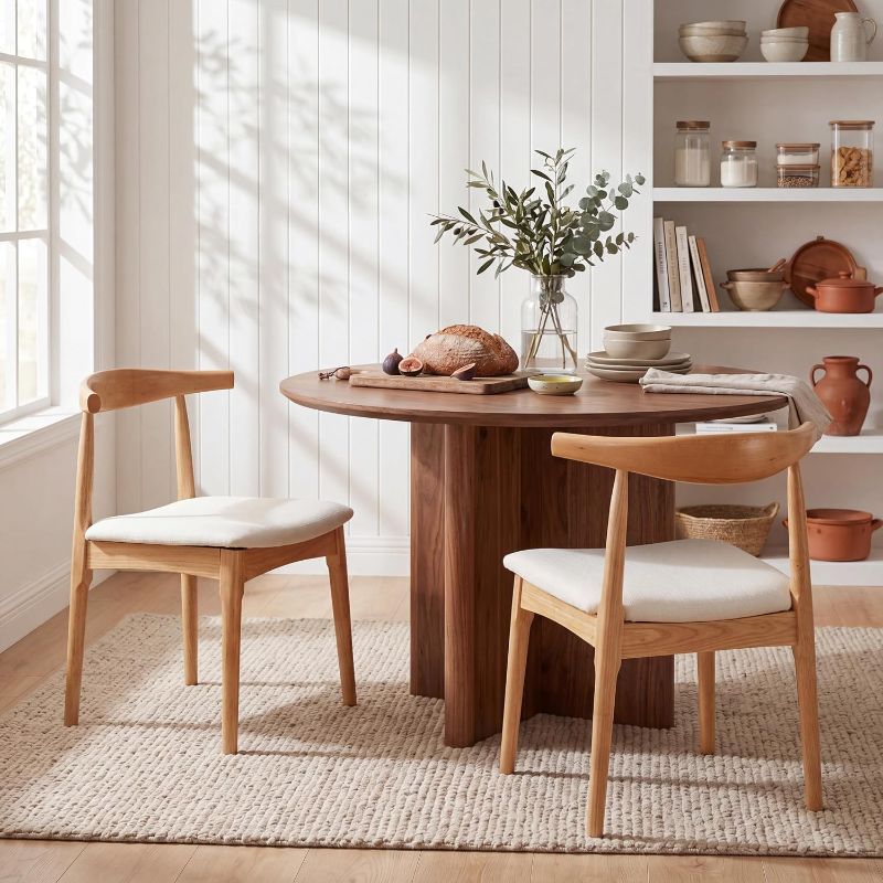 Photo 1 of Wood Dining Chairs Set of 2 Fabric Kitchen Chairs with Linen Cushion and Barrel Backs Mid Century Modern Dining Room Chairs, Natural Wood
