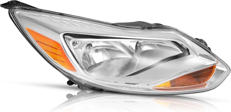 Photo 1 of Headlight Assembly Right w/Bulbs Compatible with 2012-2014 Ford Focus 4-Door Halogen Front Headlamp Light Clear Lens + Chrome Housing Passenger Side Replacement for FO2503298