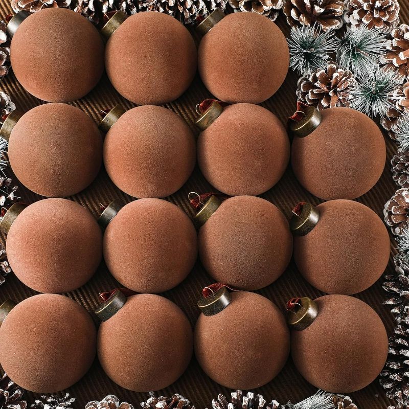 Photo 1 of 15 Pcs Velvet Christmas Balls Bulk Flocked Christmas Tree Ball Ornaments Plastic Xmas Decorative Hanging Ornaments(Brown,3.15 Inch)