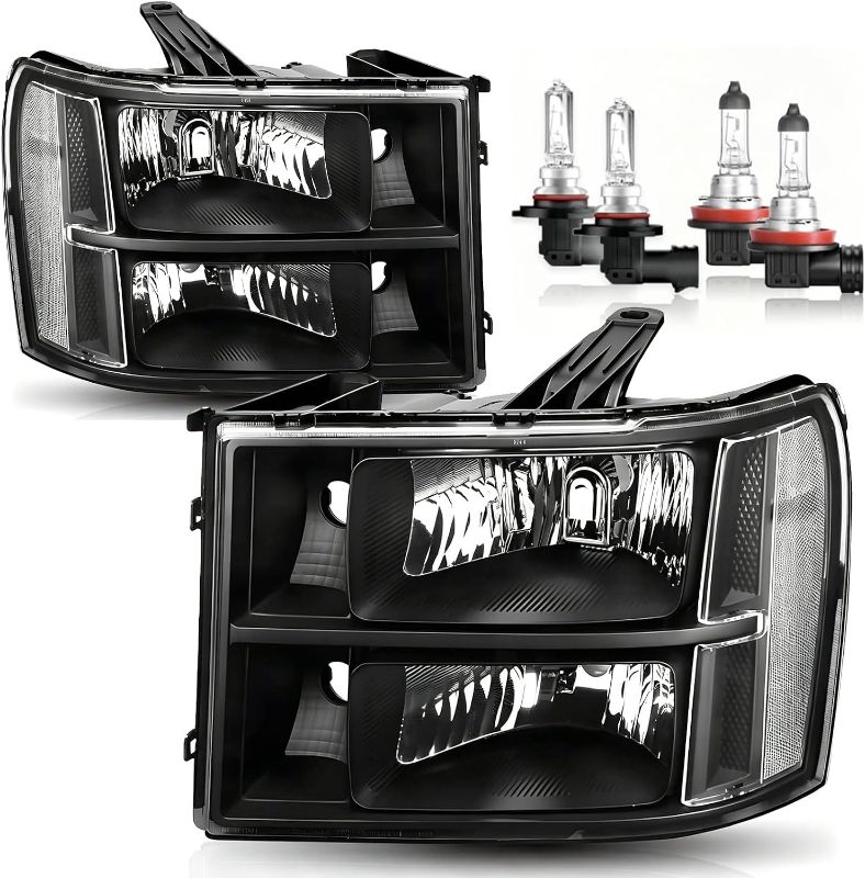 Photo 1 of 2007-2013 GMC Sierra 1500 Headlight Assembly compatible with 07-13 Sierra 1500/07-14 Sierra 2500 3500 & HD Headlamp, Black Housing Clear Lens Head Lights, Pair Driver and Passenger | Does not include bulbs