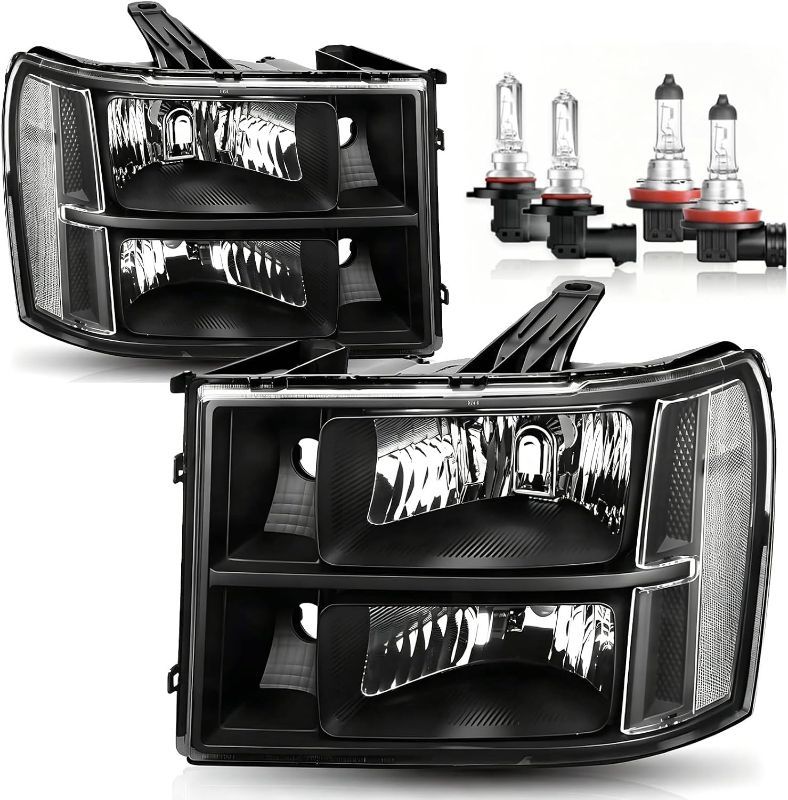 Photo 1 of 2007-2013 GMC Sierra 1500 Headlight Assembly compatible with 07-13 Sierra 1500/07-14 Sierra 2500 3500 & HD Headlamp, Black Housing Clear Lens Head Lights, Pair Driver and Passenger | Does not include bulbs