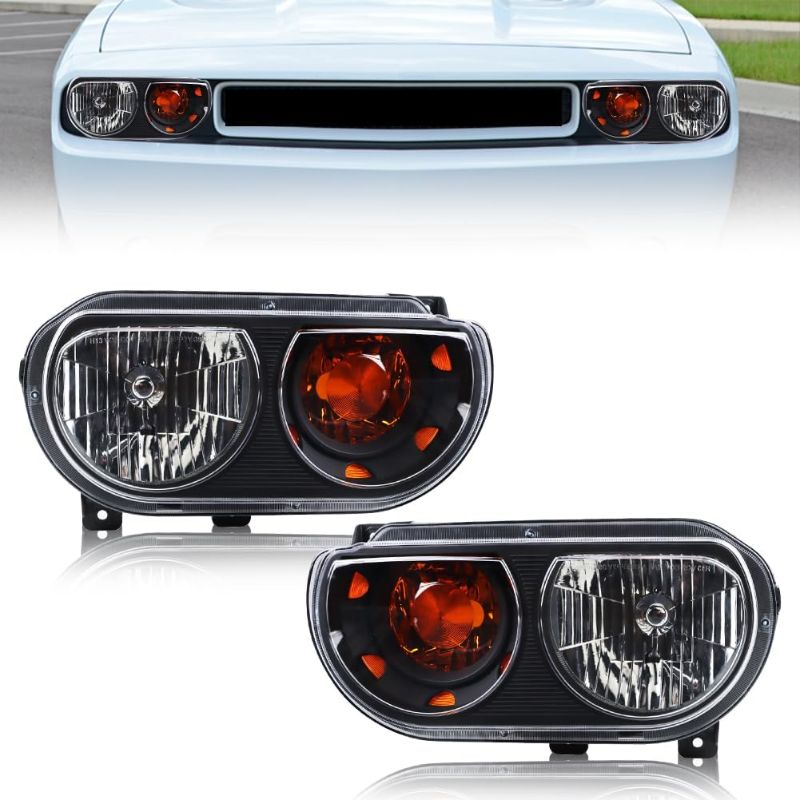Photo 1 of Headlight Assembly compatible with Dodge Challenger 2008-2014, Halogen Headlamps Black Housing Amber Reflector Driver & Passenger Side, 1 Pair