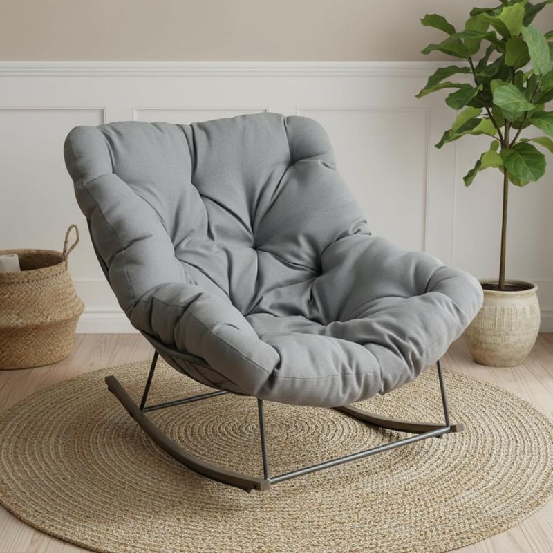Photo 1 of Outdoor Patio Rocking Chair, Oversized Papasan Chair with Cushion and Frame, Comfy Modern Rocker Egg Chair for Living Room, Garden Backyard, Grey