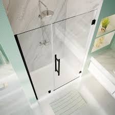 Photo 1 of 48 in. W x 72 in. H Frameless Pivot Shower Door in Matte Black with Clear Glass