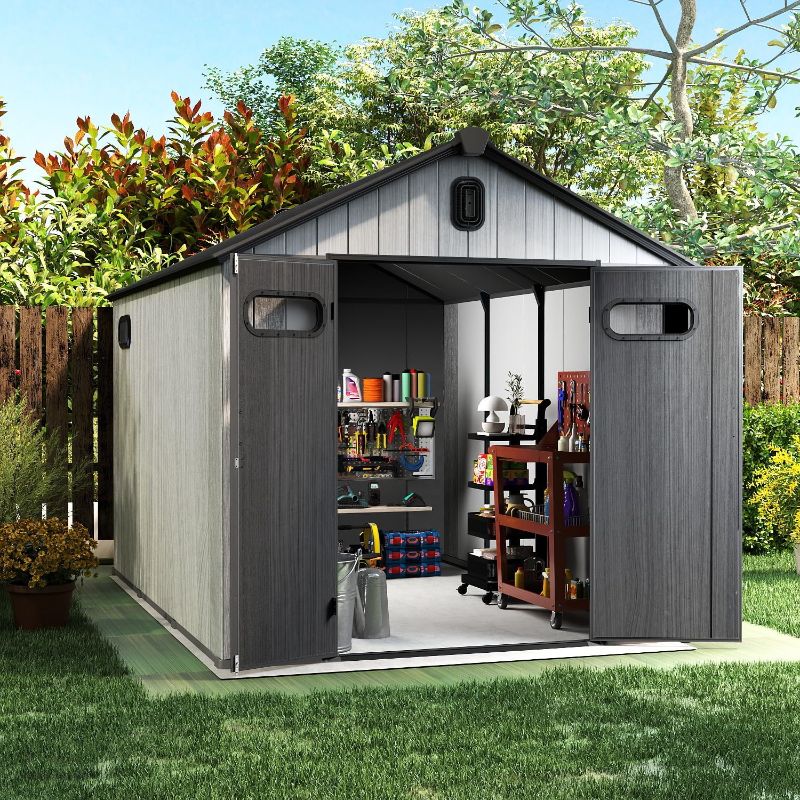Photo 1 of 8x10Ft Resin Outdoor Storage Shed, Plastic Garden Shed with Carpet, Outside Weatherproof Storage Building for Tools, Bike, Lawn Mower, Patio, Backyard