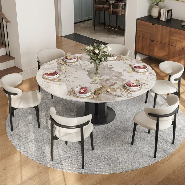 Photo 1 of Only includes table top| 59" Round Sintered Stone Dining Table for 6-8, Glossy Pandora Table top | Has Minor Cracks on end