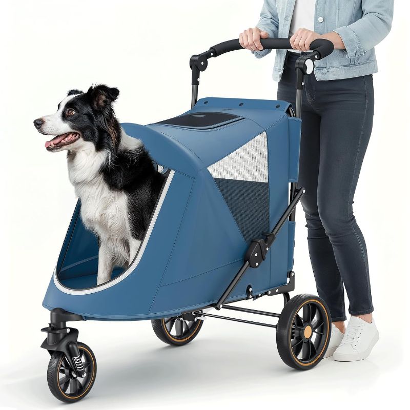 Photo 1 of Pet Stroller for Large Dogs or Multiple Dogs Cats with Adjustable Handle, 3-Wheels Dual Entry Portable Dog Carting Easy Folding Pet Wagon Double Dog Stroller up to 55 lbs Black