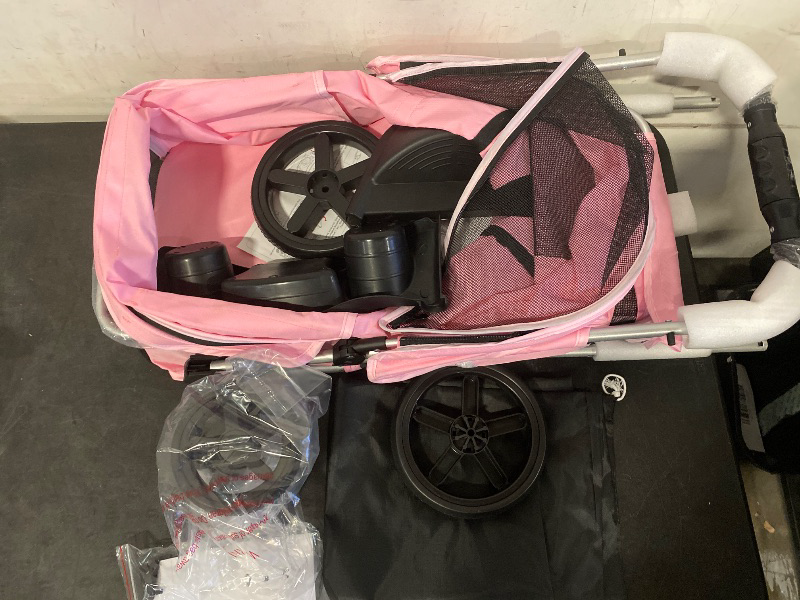 Photo 1 of 3-Wheels Foldable Pet Stroller with Waterproof Cover, Pet Strolling Cart for Small/Medium Dogs and Cats with Storage Basket and Cup Holder, Breathable and Visible Mesh for All-Season, Pink