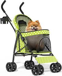 Photo 1 of 4 Wheels Pet Stroller, Easy-Fold Umbrella Shaped Dog Cat Jogger Stroller w/Storage Bag & Visible Mesh for Small/Medium Dogs Cats Lawn Green Polka Dots