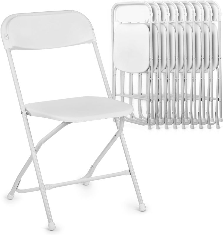 Photo 1 of Folding Chairs Set of 10, Indoor Outdoor Lightweight Stackable Plastic Chair w/Metal Frame for Events Wedding Party Picnic Banquet, White