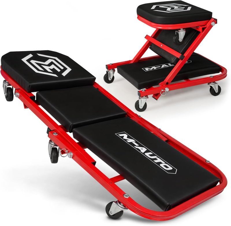 Photo 1 of 40-Inch Folding Creeper Rolling Seat, All-in-One Adjustable Roller Garage Chair, Lay Down or Sit, 330LBS Capacity Under Car Roller Creeper with 6 Swivel Casters, Red